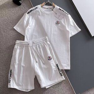 Moncler Black Embroidered LOGO On Shoulder White T-Shirt And Short Sets In Cotto